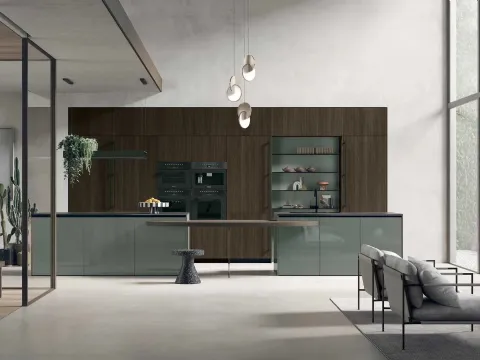 Cuisine moderne avec îlot Color Trend 09 en chêne thermo-traité cannelé et laqué brillant thym de Stosa.
