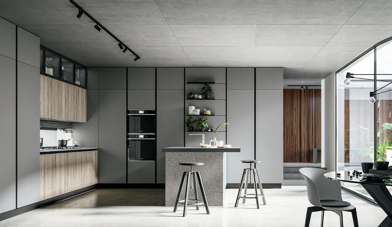 Cuisine moderne avec îlot central Round 04 en laminé et PET par Arredo3.