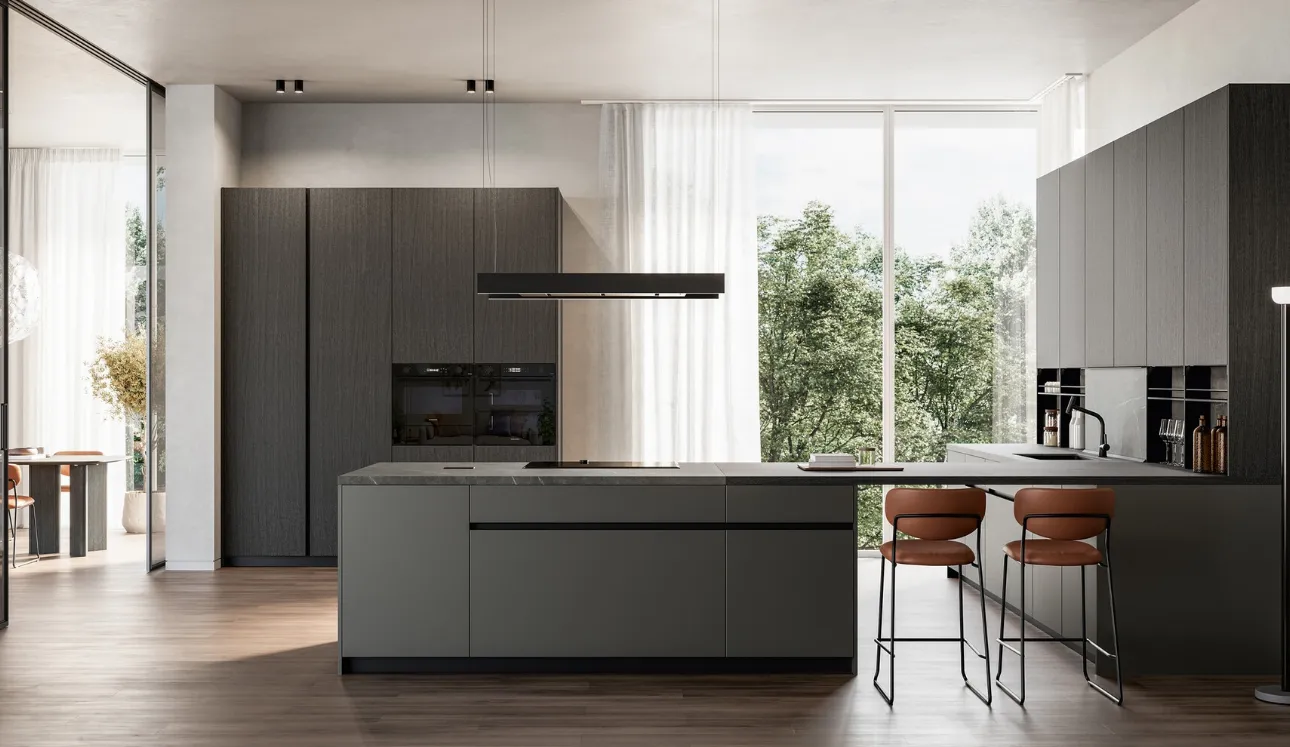 Cuisine moderne avec îlot Time 02 en laqué métallisé et en bois de Arredo3