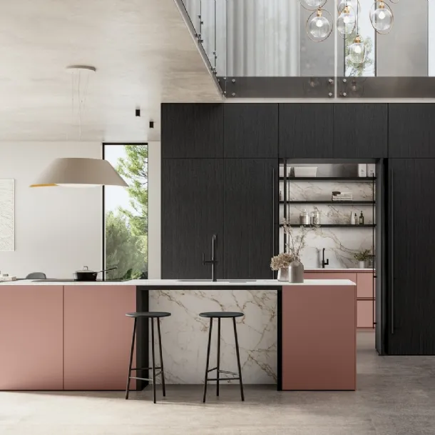 Cuisine moderne avec îlot Time 04 en laque mate et bois de Arredo3