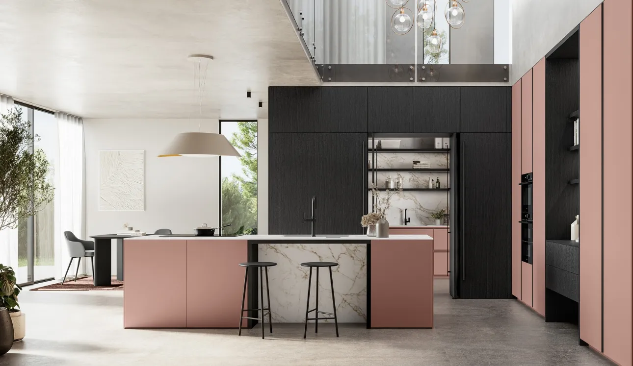 Cuisine moderne avec îlot Time 06 laqué mat et bois de Arredo3.