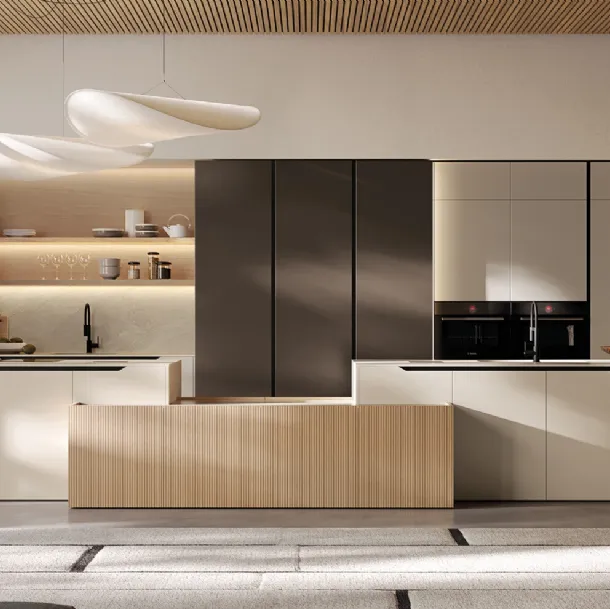 Cuisine moderne en laque et placage avec île Time d'Arredo3