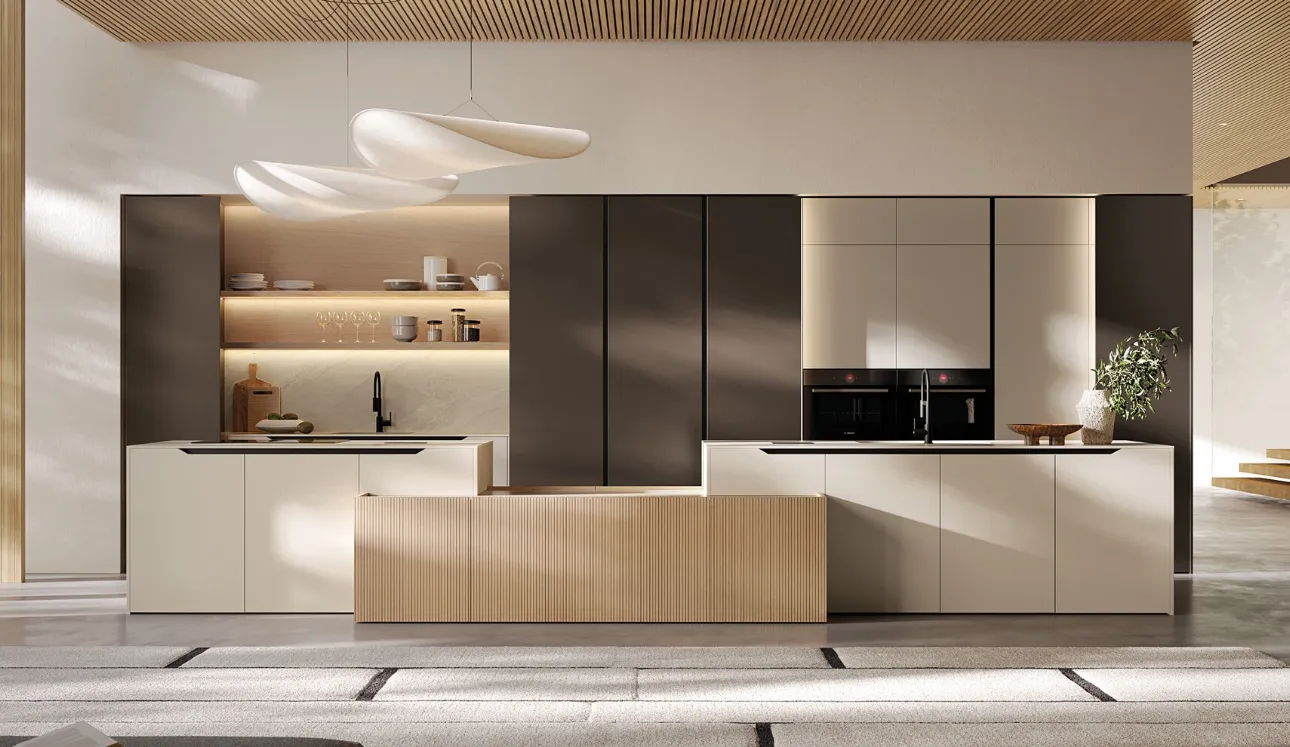 Cuisine moderne en laque et placage avec île Time d'Arredo3
