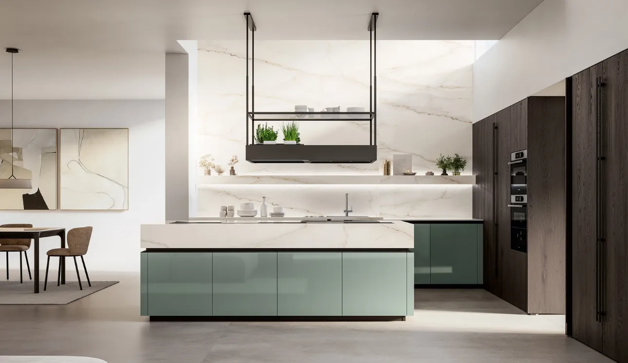 Cuisine moderne en laque brillante et placage avec île Time d'Arredo3