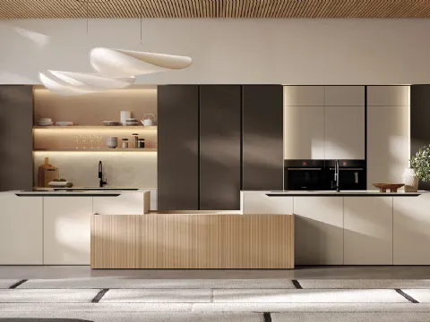 Cuisine moderne en laque et placage avec île Time d'Arredo3