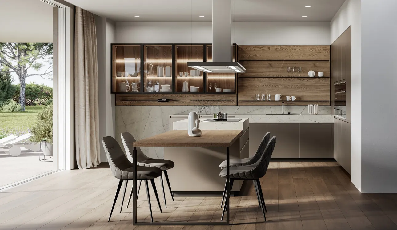 Cuisine moderne avec îlot Wega 02 en laqué métallique et chêne d'Arredo3