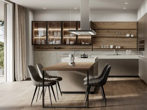 Cuisine moderne avec îlot Wega 02 en laqué métallique et chêne d'Arredo3