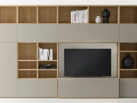 Bibliothèque laquée mate et finition Matwood Honey avec niche porte-TV. Pratique composition PTG319 de SantaLucia.