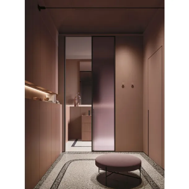 Meuble de salle de bain au sol gain de place Over 05 laqué avec monolithe en grès d'Arbi