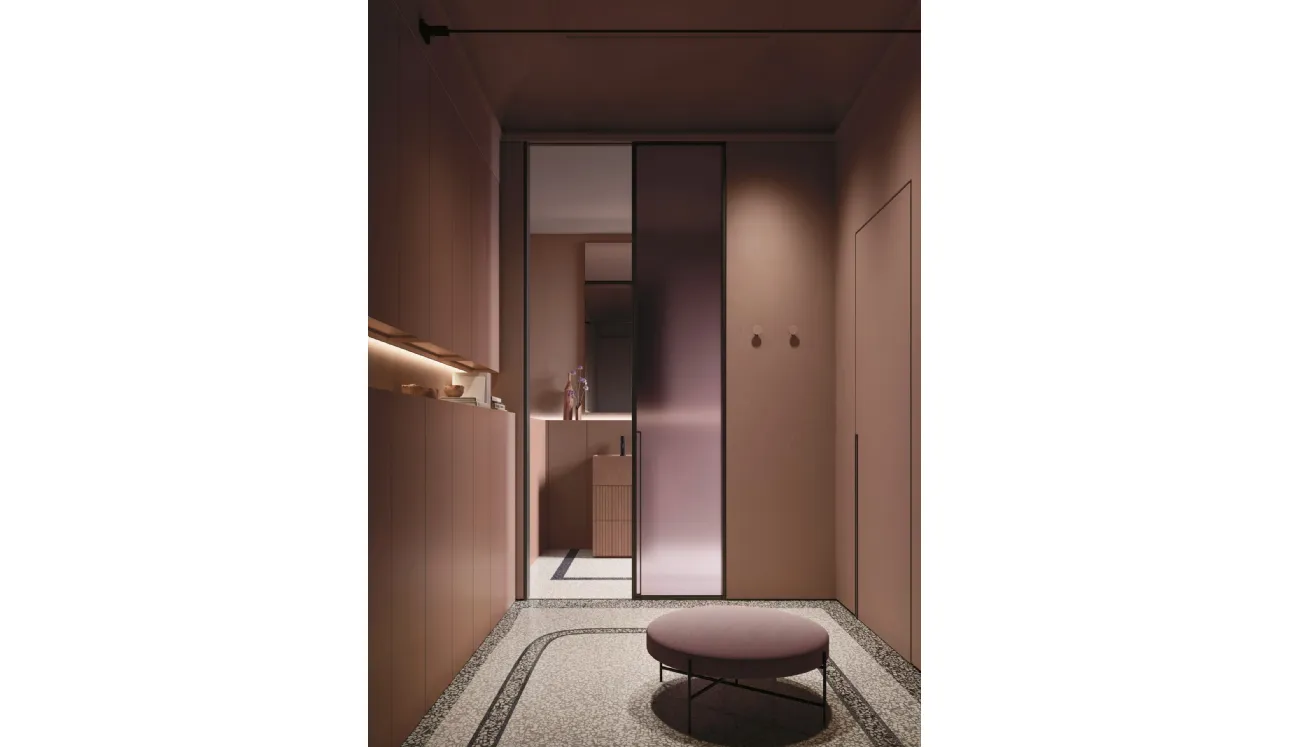 Meuble de salle de bain au sol gain de place Over 05 laqué avec monolithe en grès d'Arbi