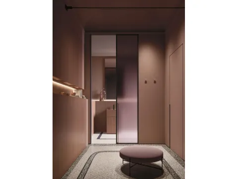 Meuble de salle de bain au sol gain de place Over 05 laqué avec monolithe en grès d'Arbi