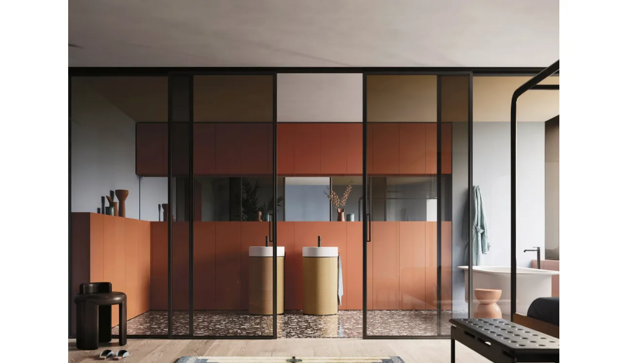 Meuble de salle de bain gain de place Over 06 laqué avec des monolithes en chêne d'