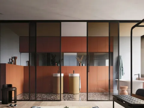 Meuble de salle de bain gain de place Over 06 laqué avec des monolithes en chêne d'