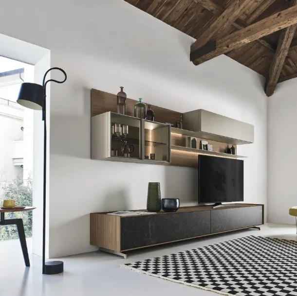 Mur équipé Cabaret One 03 en bois et céramique de Sangiacomo