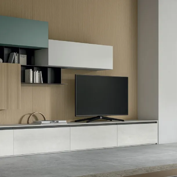 Murale équipé Living Glass en laminam Pierre de Savoia et placage de Arredo3